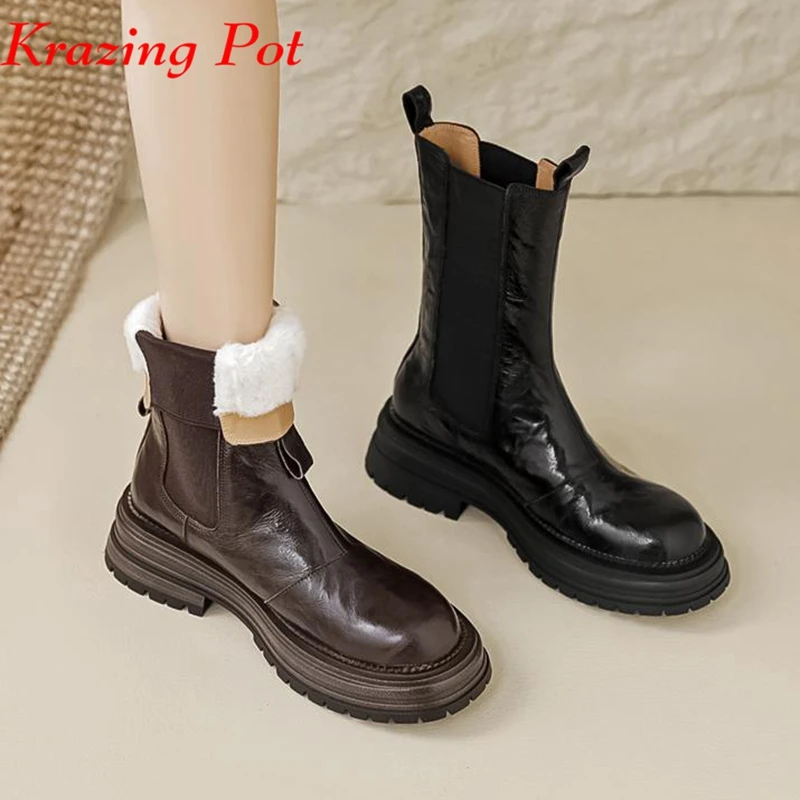 

Krazing Pot Sheep Leather Fur Round Toe Winter Warm Western Snow Boots Med Heels Slip On Vintage Beauty European Mid-calf Boots