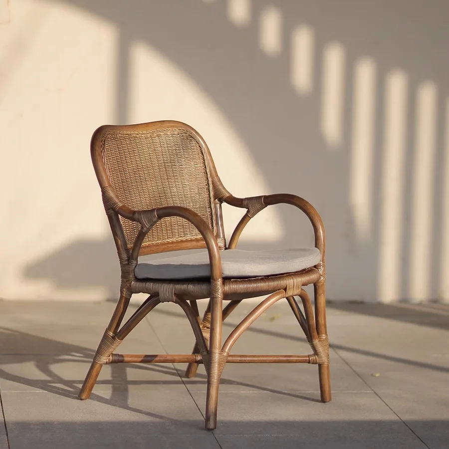 HYS retro armrest backrest rattan chair homestay courtyard rattan chair home living room leisure chair wabi sandy wind single