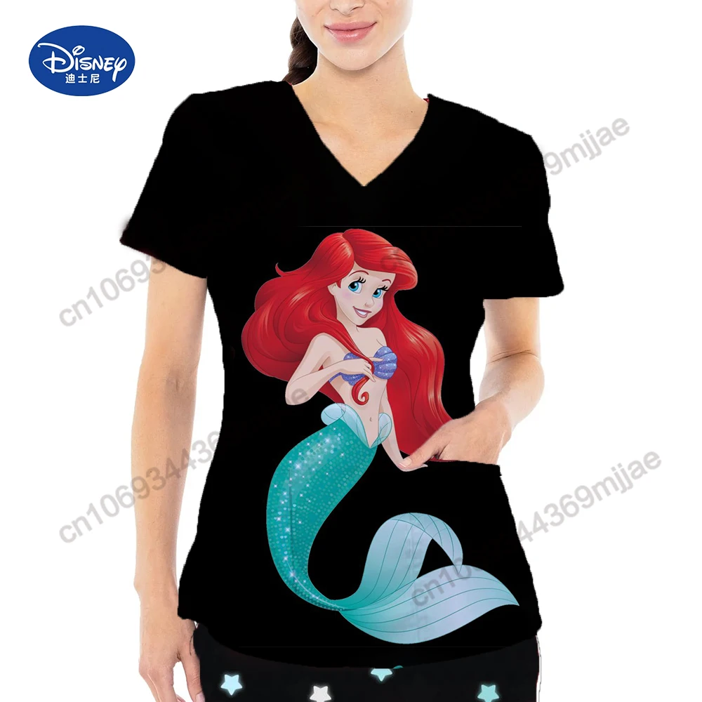 Summer New Beautiful Disney Princess Cartoon Pattern Printed Comfortable Women\'s T-shirt  Casual Nurse Uniform Y2k Style Top