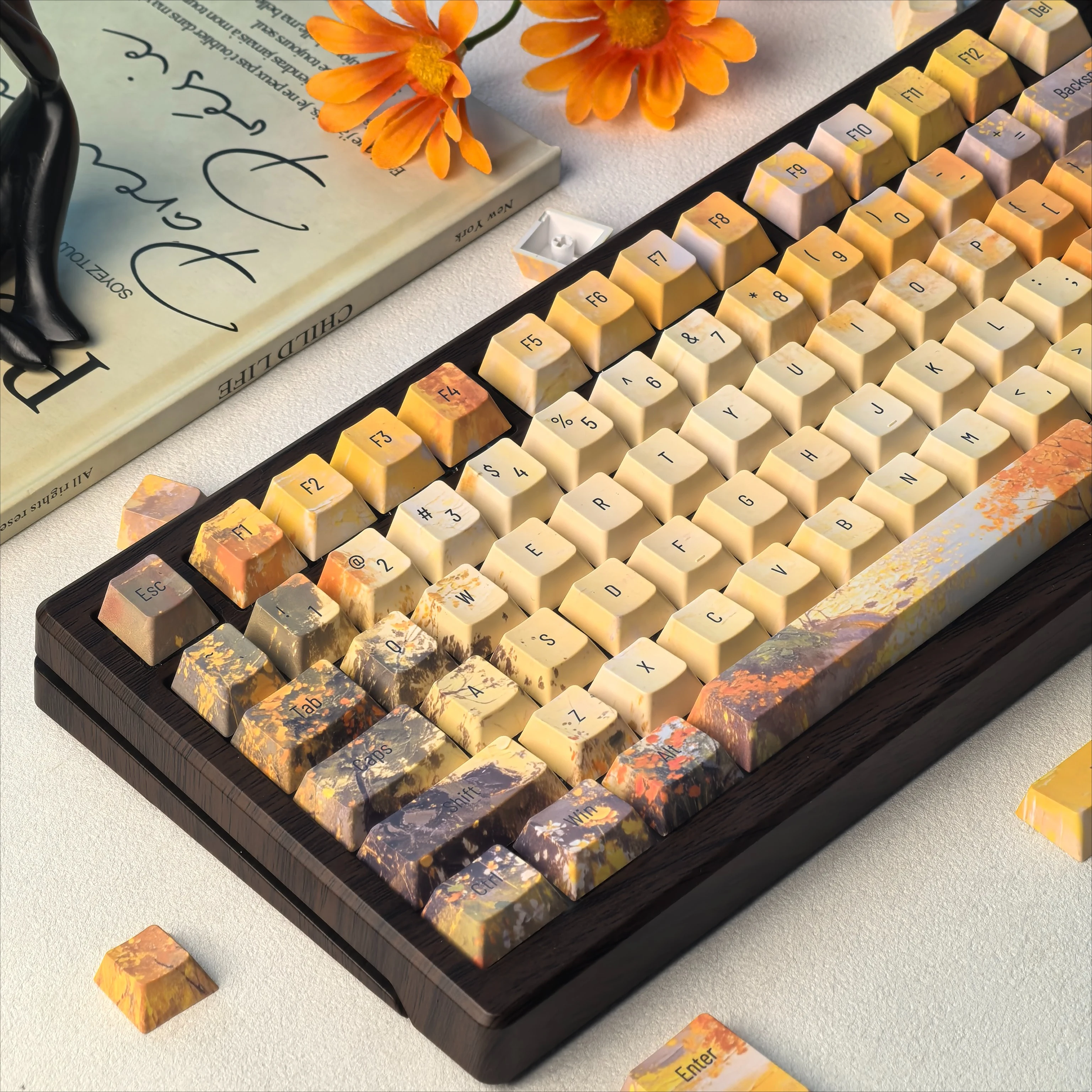 MAIMOOO Keycaps Strong Autumn Atmosphere Cherry  Pbt Material Thermal Sublimation Gradient Orange Fallen Leaves Keyboard Keycaps
