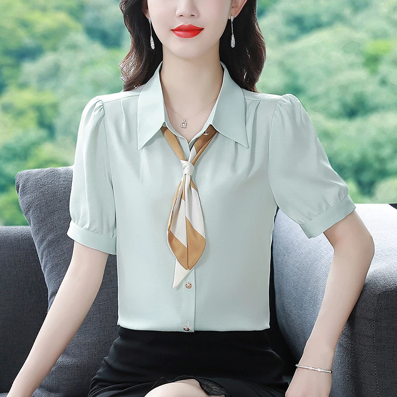 Shirt Short sleeved Summer Women's 2024 New Authentic Professional Women's High end Satin Shirt