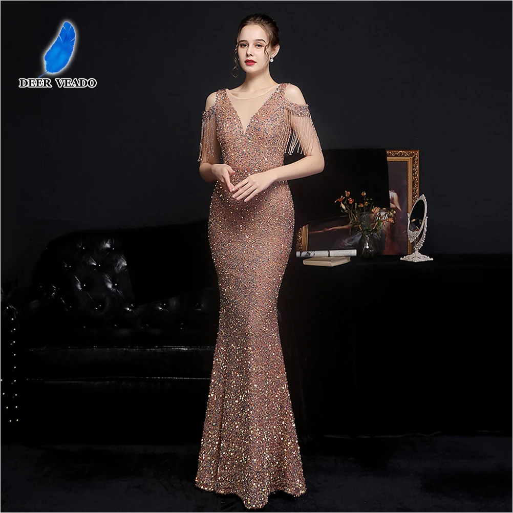 DEERVEADO Mermaid Off Shoulder Sequins Evening Dress for Woman Elegant Wedding Party Dresses Beading Special Occasion Dresses