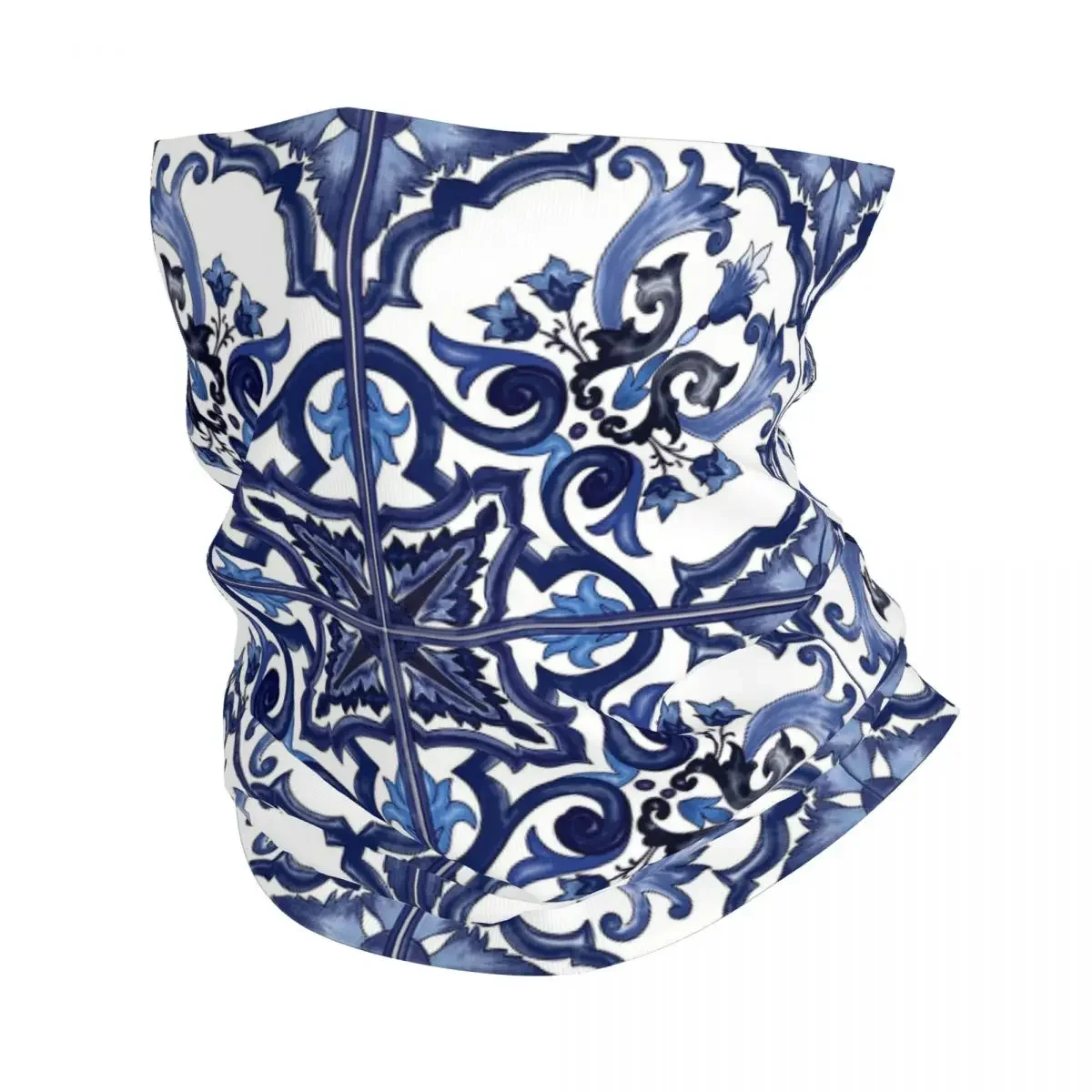 Blue Ornate Floral Mediterranean Sicilian Tile Bandana Neck Gaiter Printed Magic Scarf Warm Headwear Running Unisex Adult