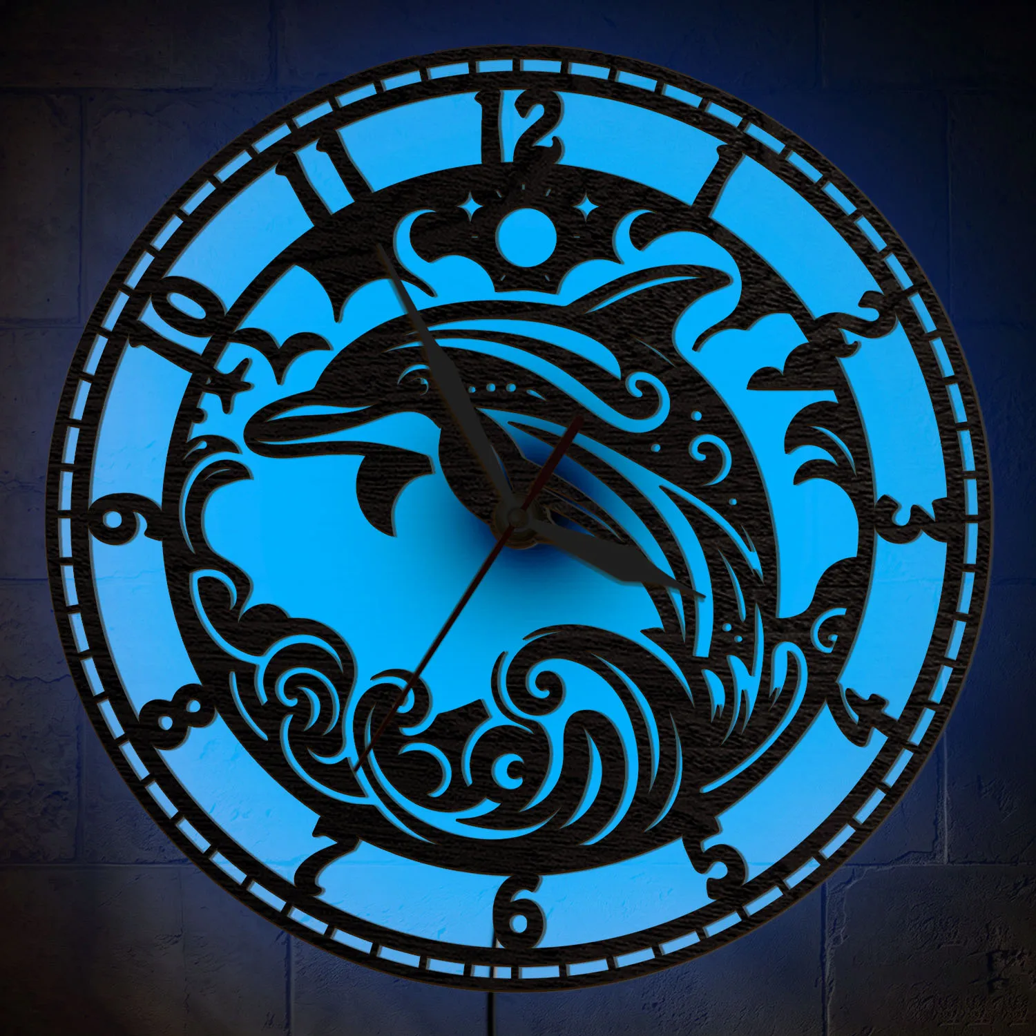 Custom Name Dolphin LED Light Up Wooden Wall Clock for Beach House RGB Multi Color Changing Night Light Personalized Wall Clock