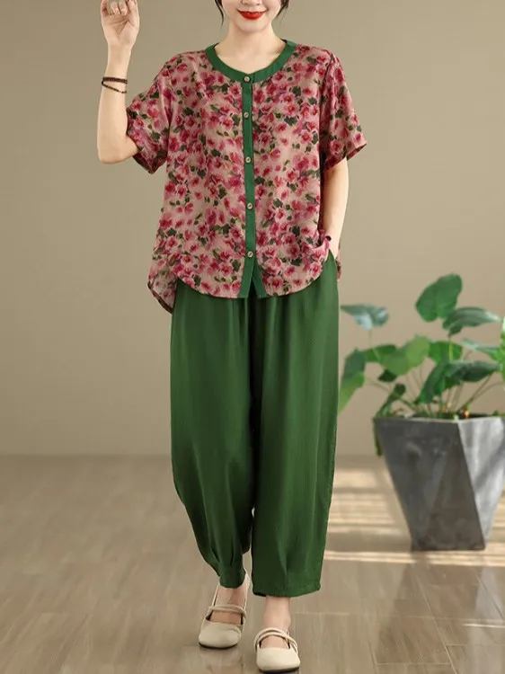 

Модный комплект из хлопкового льна, круглый комплект Ne на пуговицах с эластичной резинкой на талии, штаны Harlan, комплект из двух предметов, женская одежда