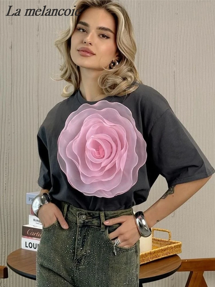 

Casual Loose Cotton 100% T-Shirts Woman Summer 2024 Fashion Three-dimensional Mesh Flowers T-shirt Short Sleeve Oversized Tops