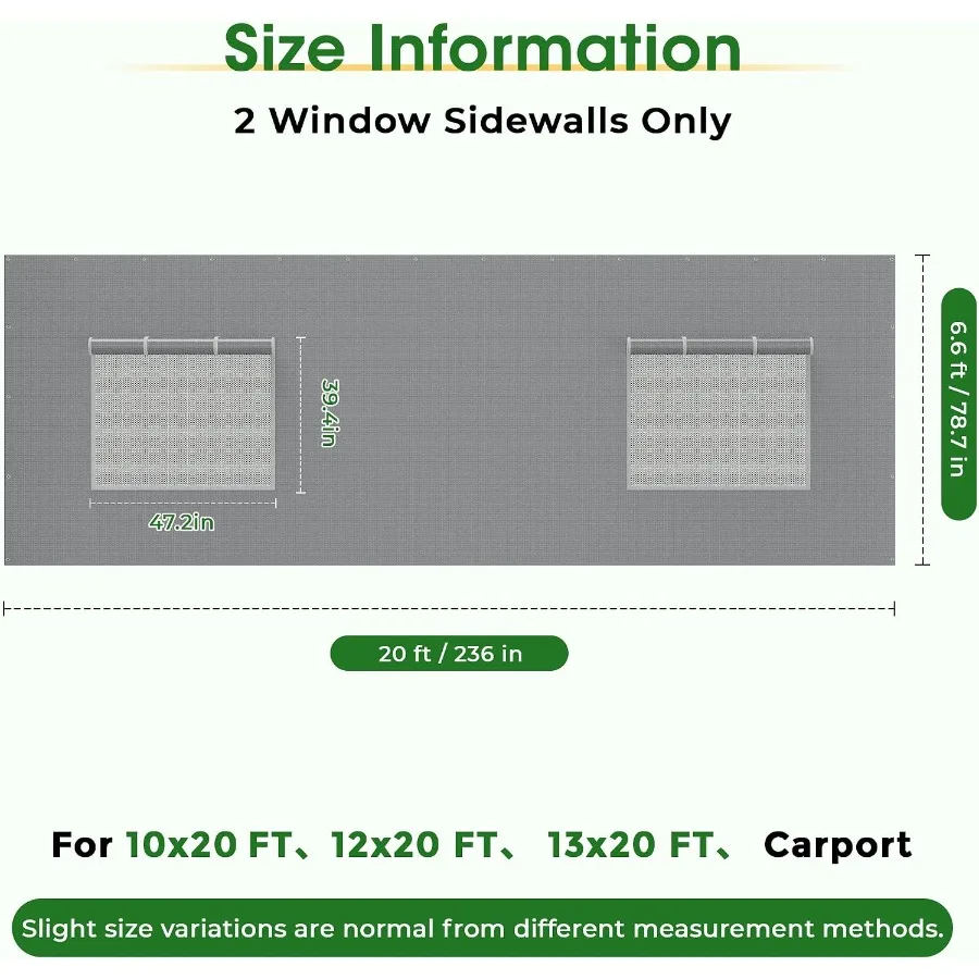 Window Sidewalls for 10x20/12x20/20x20 Feet Carport, 2 Packs, No Frame, Grey