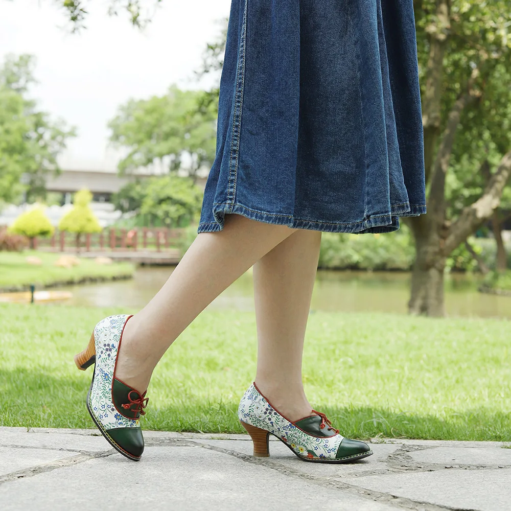 Socofy Raffan Luxury Summer Vintage Printed Genuine Leather Block Mid Heel Ankle Hook Loop Women Pumps