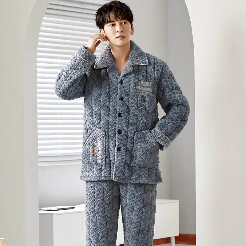 Coral velvet quilted pyjamas male 3 layers thickening warm winter quilted jacket men's pajamas jacquard pijamas hombre inverno