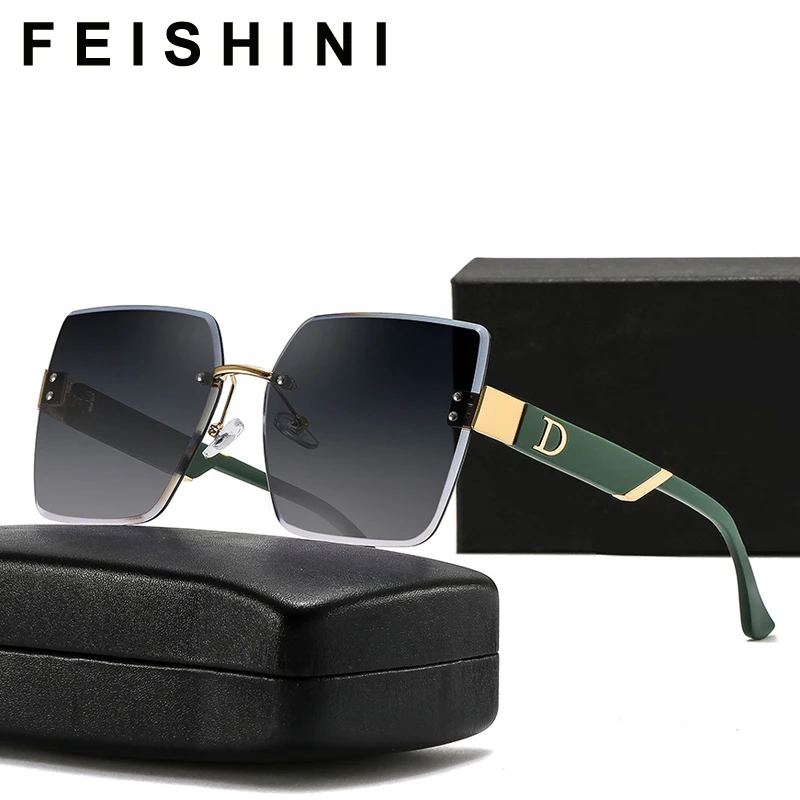 

FEISHINI Dle Oversized Sunglasses Women Rimless Diamond Cutting Lens Brand Designer Fashion Shades Sun Glasses Ladies Square