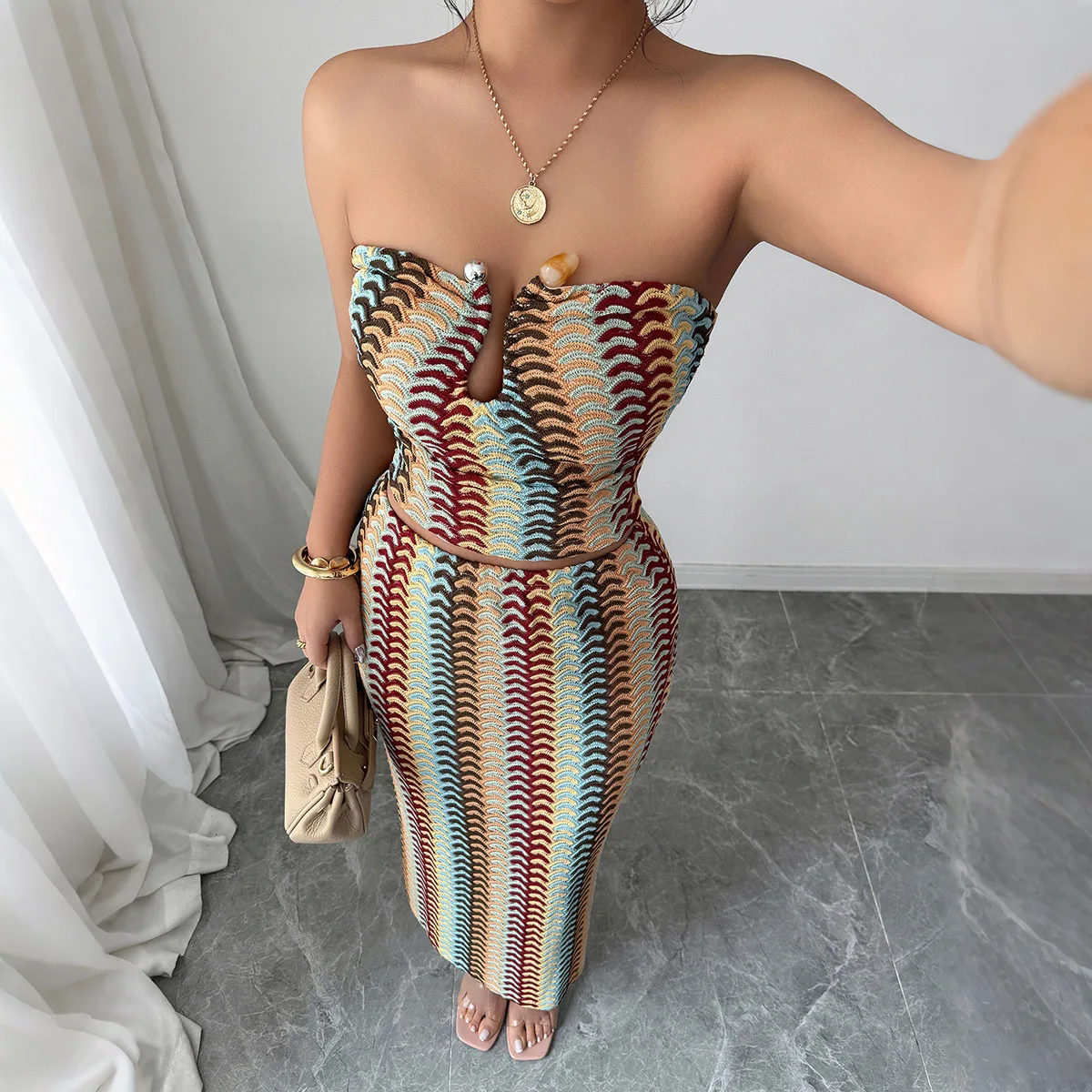 

Elegant Colorful Striped Spliced Top Set For Women Knitted Slim Strapless Navel Top Split Slit Hip-packing Long Skirt Summer Set