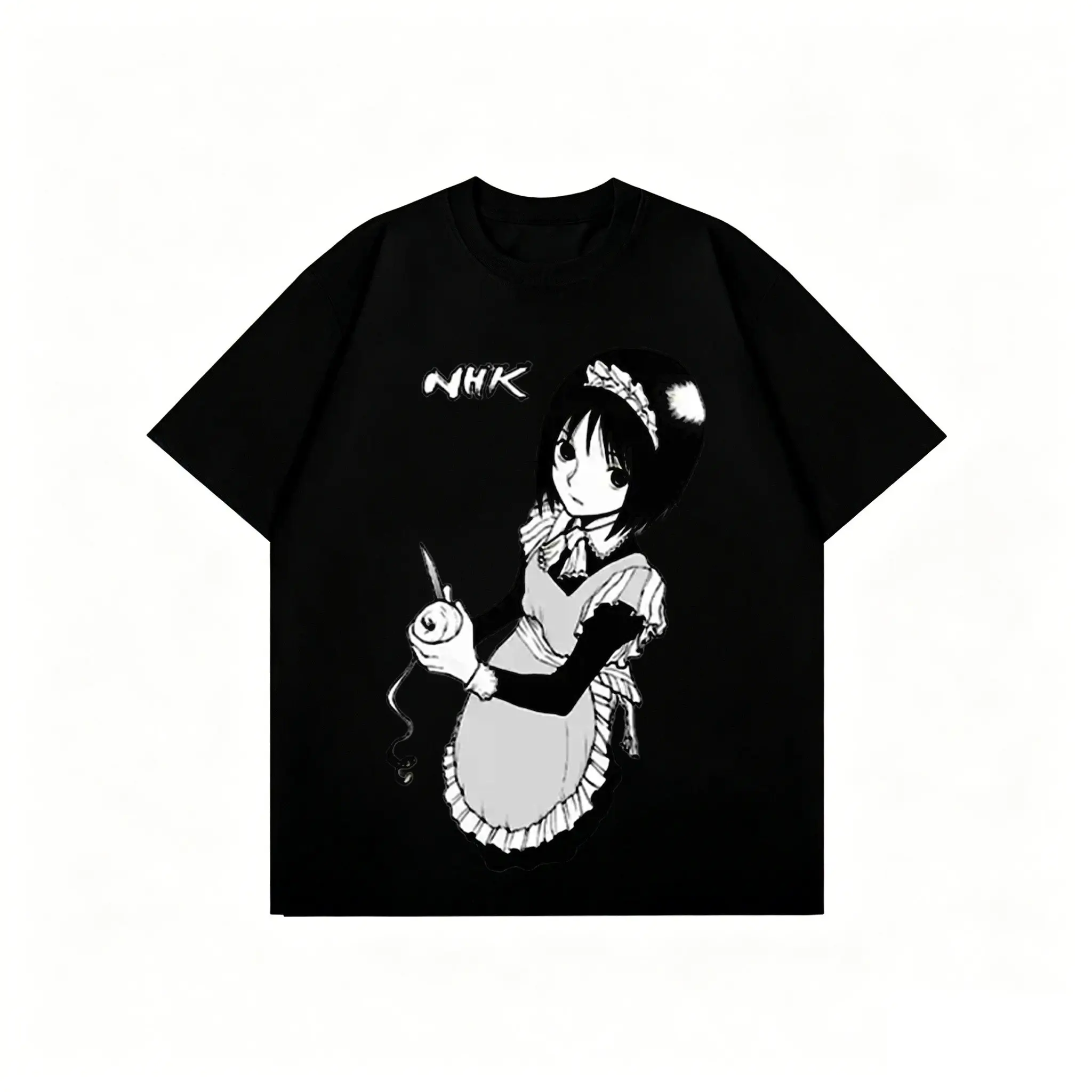 Dark Otaku Subculture Anime Streetwear Aesthetic NHK Maid Mono Portrait Print Breathable Cotton Unisex Crew Neck T-Shirt