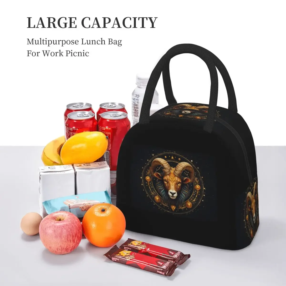 Aries Zodiac Celestial Goat And Ram Horns Print Insulated Lunch Bag for Kids School Cooler Thermal Lunch Boxes Container