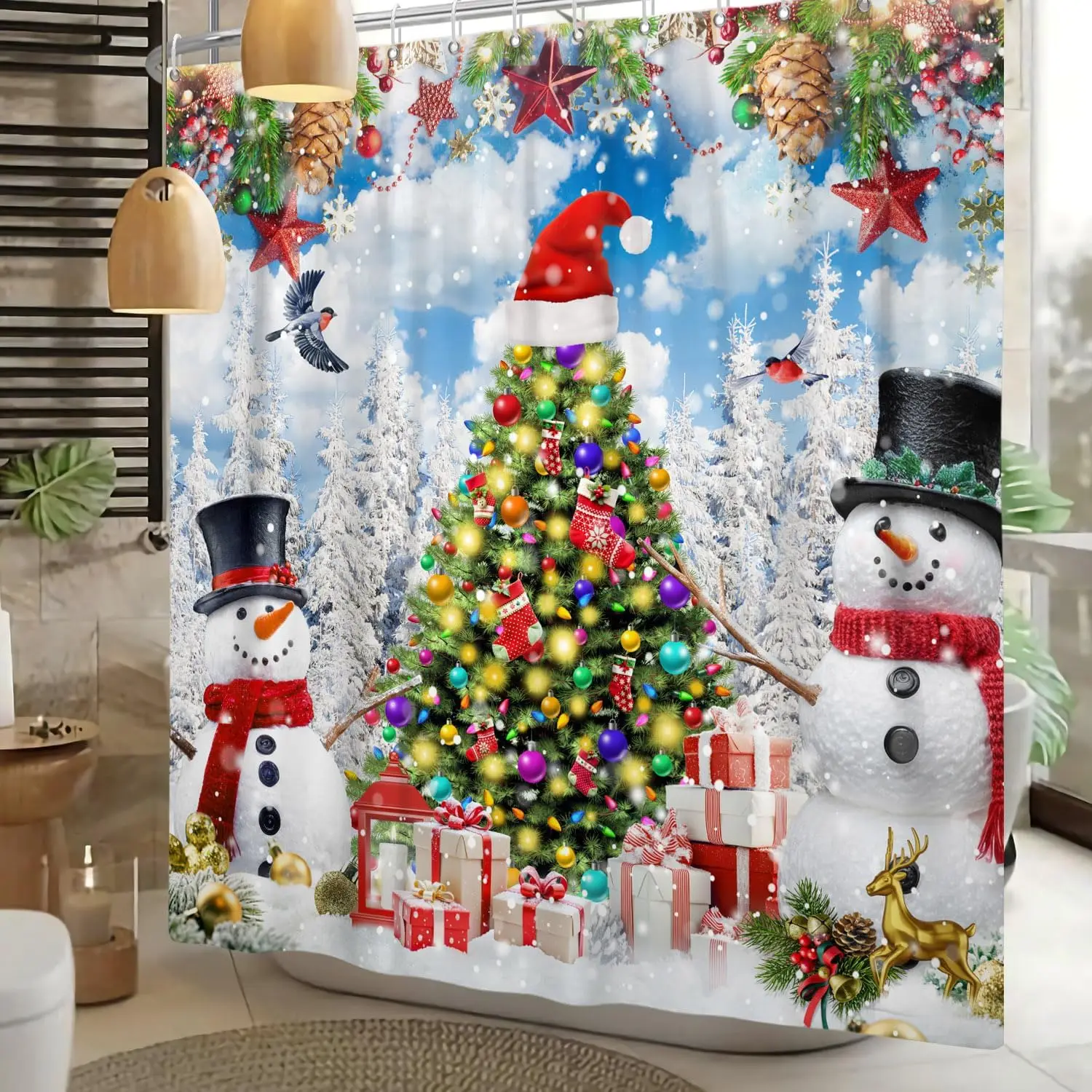 

Christmas Shower Curtain for Bathroom Cute Winter Snowman Xmas Pine Tree Snowflake Gifts Shower Curtains Waterproof Polyester