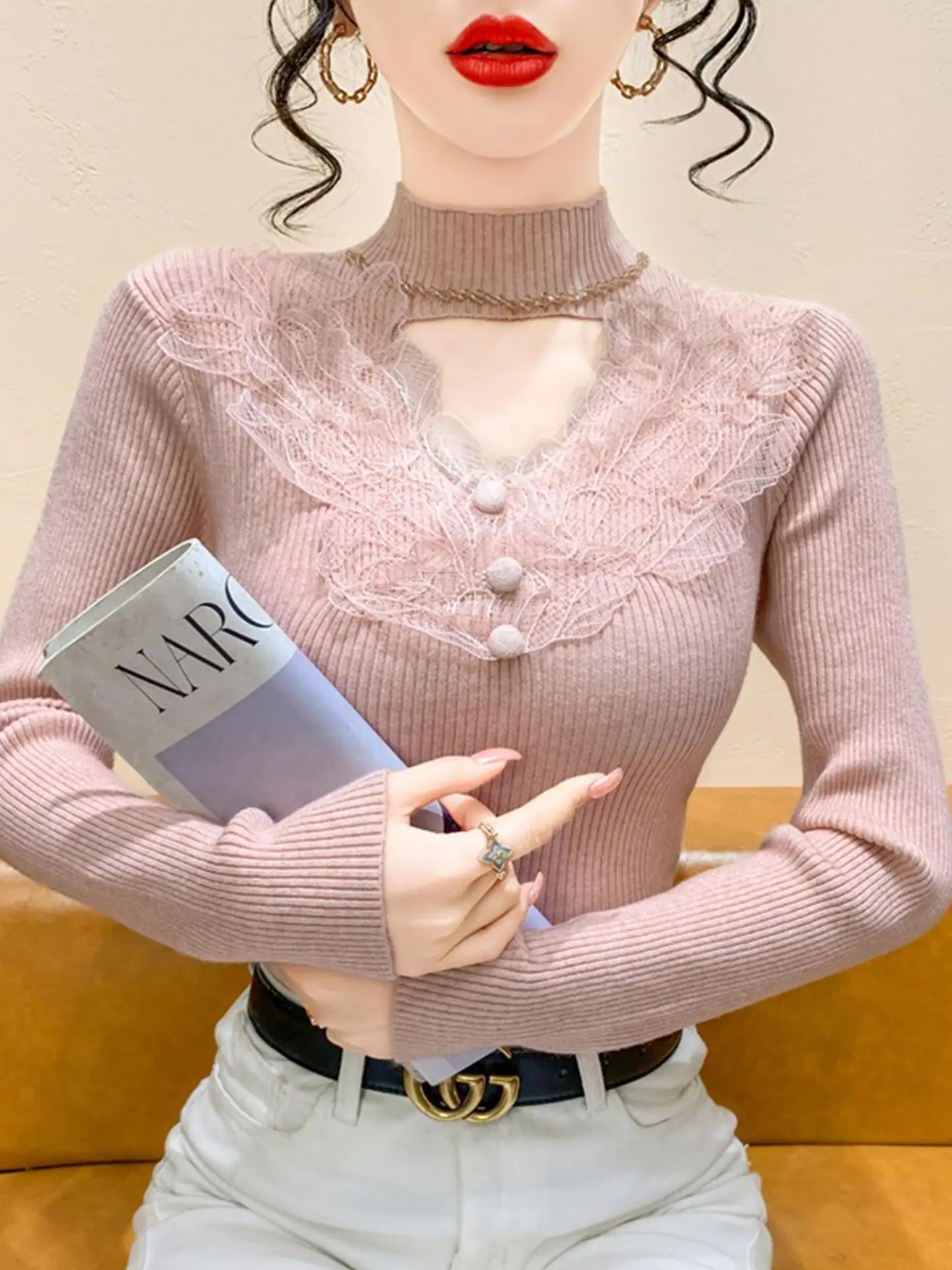 레이스 스플라이싱 홀로우 아웃 스팽글 하이 칼라 니트 스웨터 여성용 가을 겨울 슬림 핏 베이스 셔츠 한국 스타일 출퇴근용