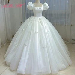AnXin SH princess white satin lace sweetheart beading little bow short puff sleeve bride ball gown customized wedding dress