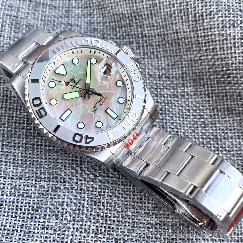 Tandorio 40mm Black White Mother of Pearl Dial Sapphire Glass NH35A Automatic Men Watch Date 20ATM Diver Roating Bezel Luminous