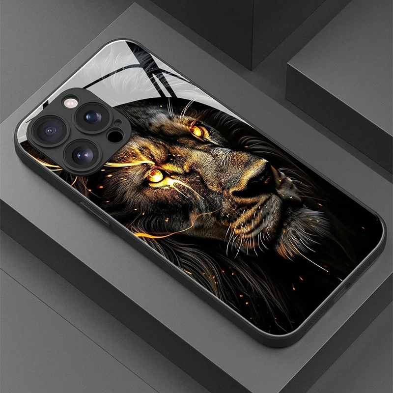 Dark Lion Head Tempered Phone Case For iPhone 17 16 16e 15 14 13 12 Mini 11 Air Pro XS Max XR X Plus Glass Silicone Frame Cover