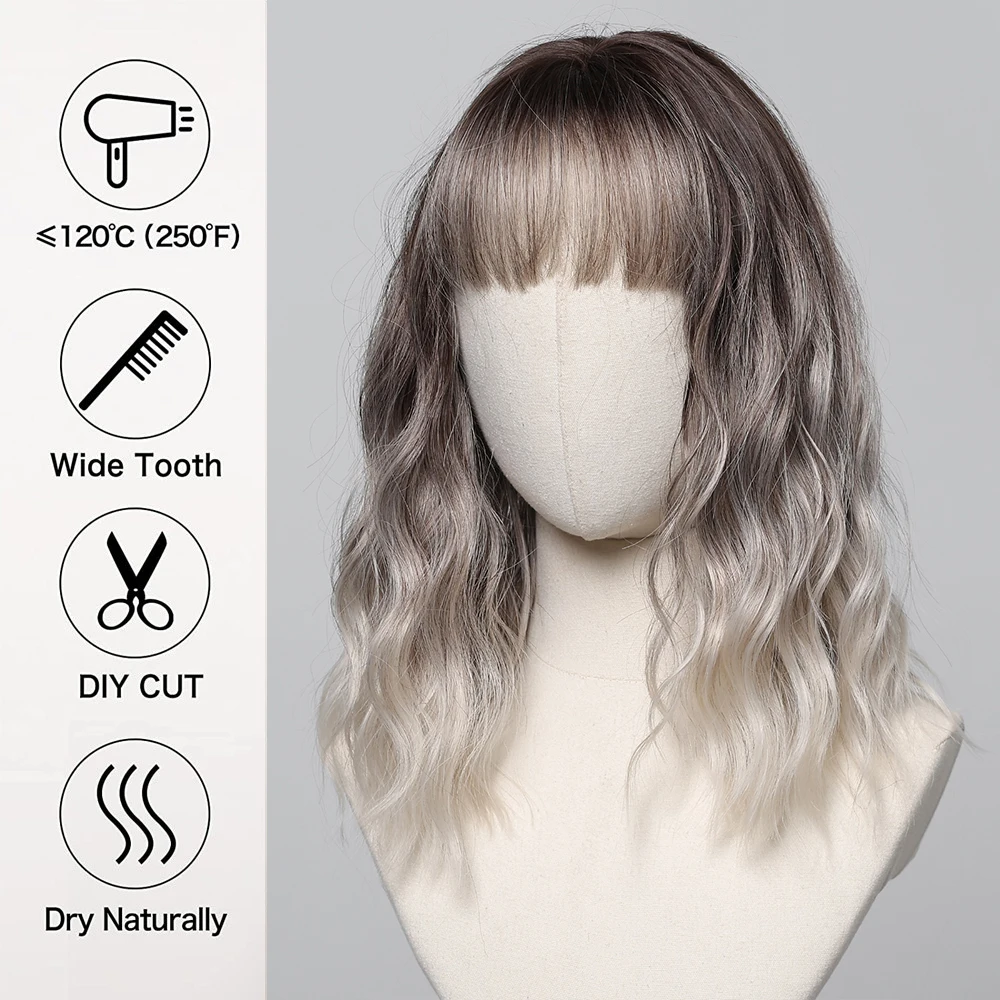 Short Grey Blonde Synthetic Wig for Women Ombre Platinum Bob Wigs with Bangs Cosplay Lolita Wavy Wig High Temperature Hair