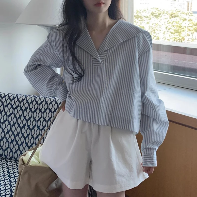 

Chic Autumnal Vintage Netie ort Loose Long Sve Striped Casual irt for Women Commute Sle Korean Loose Fit irt