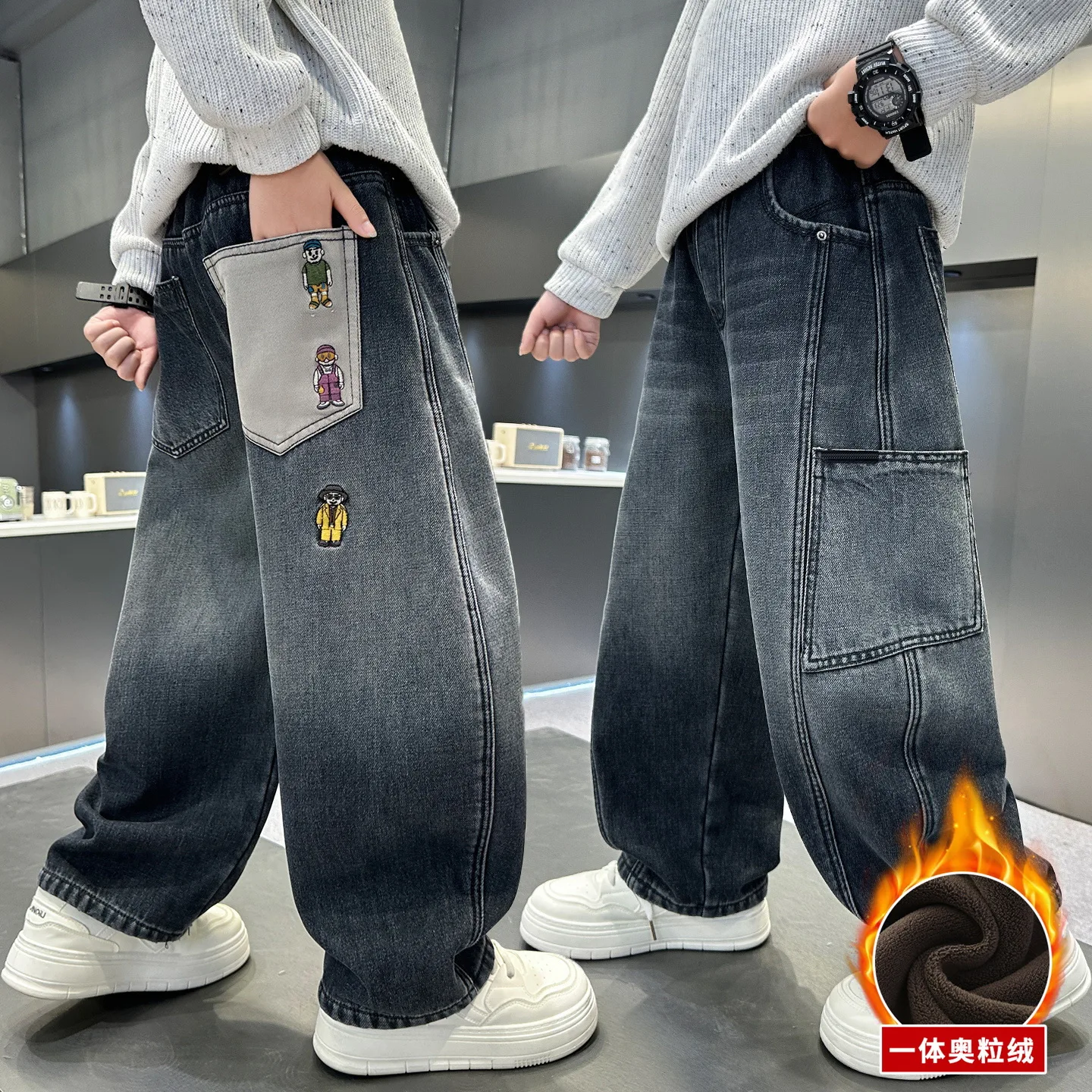 Kids Retro Winter Insulated Cargo Jeans Pants For Boys Casual Thickened Warm Fleece-Lined Denim Trousers For Children Age 5-14Y