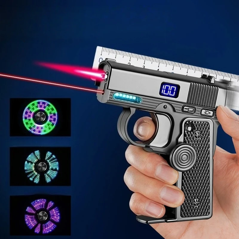 Metal Laser Illuminated Folding Lighter, Pressure Reducing Gyroscope Multifunctional Gun Type Battery Display Cigarette Lighter
