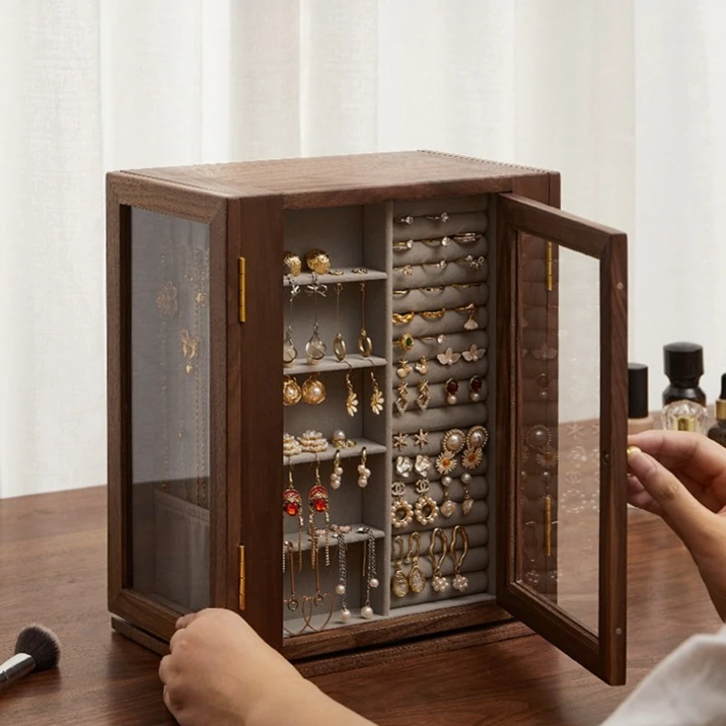 Rotatable Jewelry Organizer Box Solid Wood Jewelry Storage Boxes Large Earrings Ring Case Multifunctional Vintage Necklace Cases