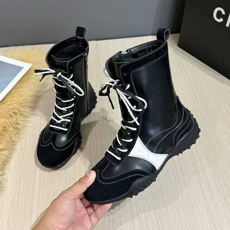 おしゃれなソフトレザーのミッドカーフボクシングブーツ、女性向け、今季のホットセール、ニューレトロスタイル、身長アップ、PU裏地付きフラットブーツ