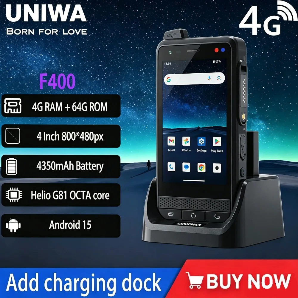 UNIWA F400 Rugged PDA 4G Global Public Network Walkie-Talkie Zello Phone Android15 Detachable 4350mAh 4.0“ NFC Add Charging Dock