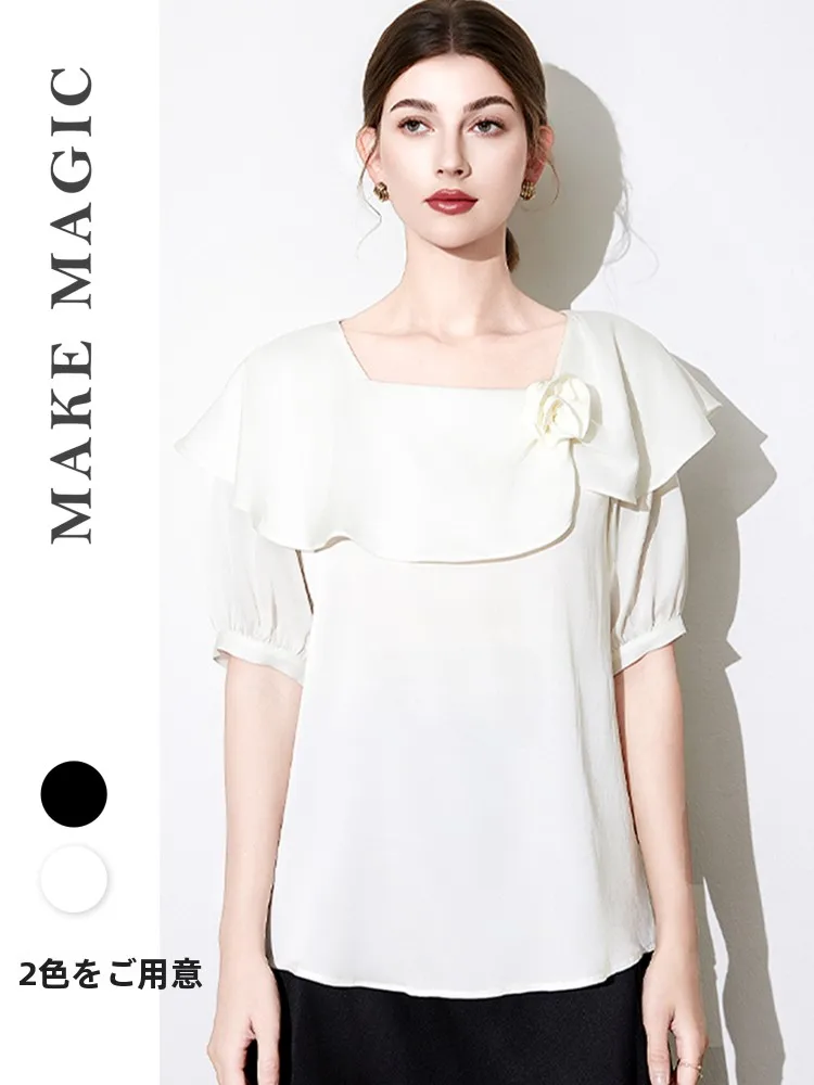 

Elegant Square Collar Silk Blouse Half Sleeve Women's Top Breathable Skin-Friendly Summer New Arrival Make Magic Shirt