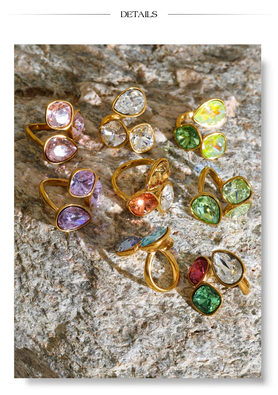 Yhpup 2026 Mehrfarbiger K9-Kristall-Quadrat-Ring für Damen, verstellbar, 18 Karat Goldfarbe, PVD-beschichtet, glänzender, exquisiter Schmuck – Detail 8