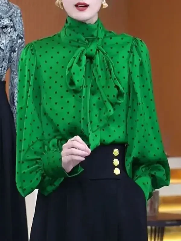 

Новые минималистичные повседневные пригородные рубашки с воротником-стойкой и бантом, свободные блузки с рукавами-пузырьками, рубашки, модная весенняя рубашка с волнистыми точками в стиле вестерн