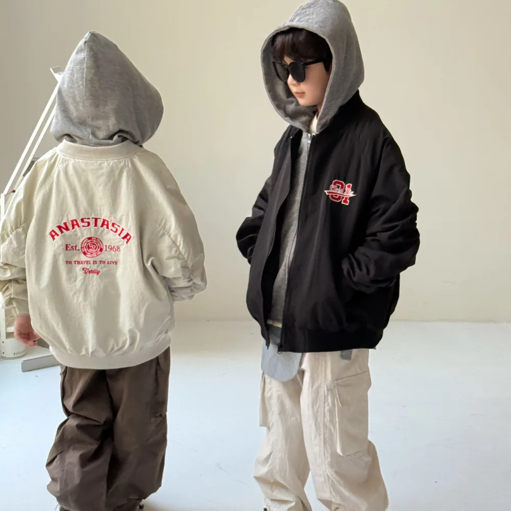 

2025 Children Boys Fake Two Piece Jacket Cotton Spliced Hooded Kids Boys Baseball Uniform Loose Printed Casual Toddler Boys Coat