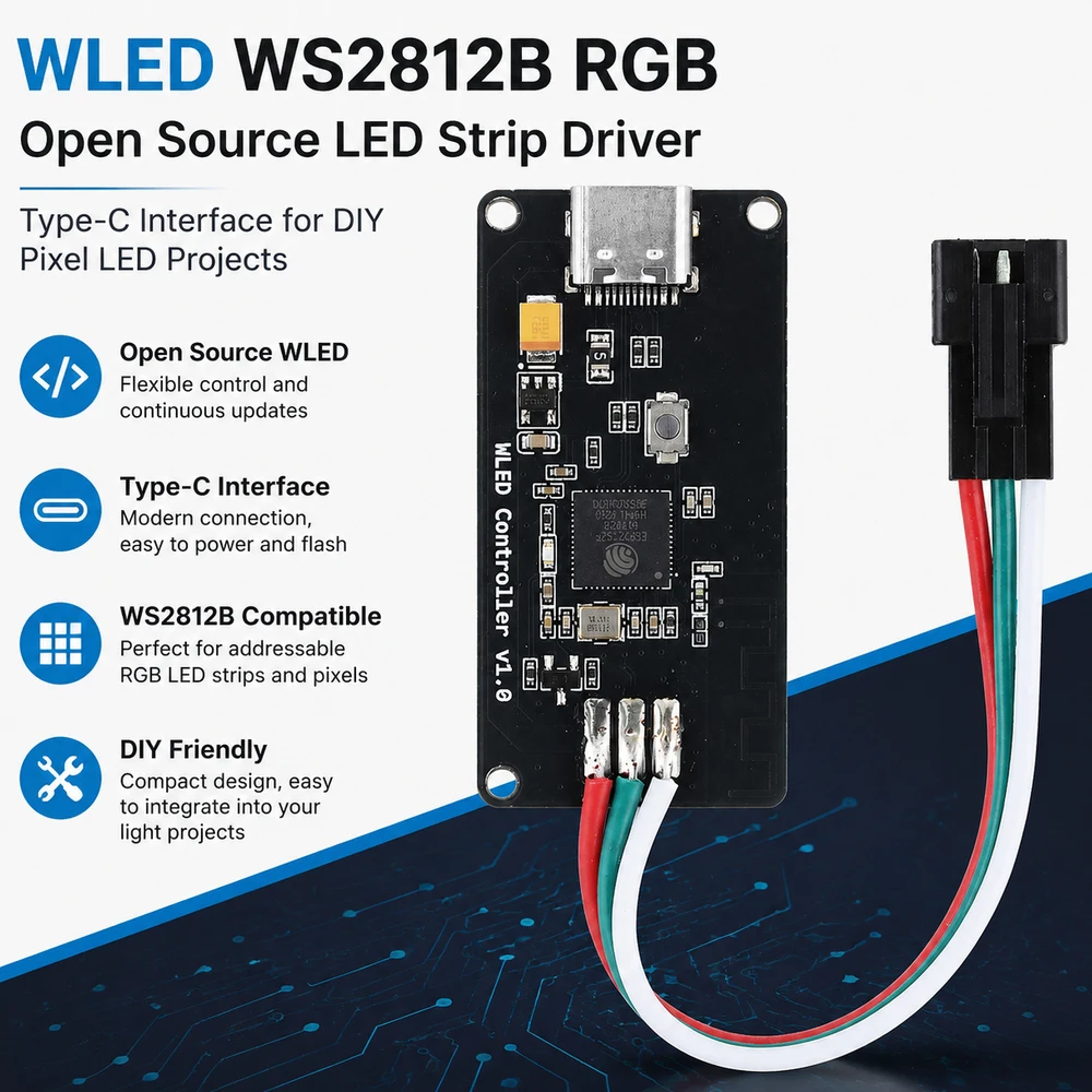 WLED Controller WS2812B RGB Full Color Open Source Type C Interface LED Strip Driver For Addressable Pixel Lamp Module