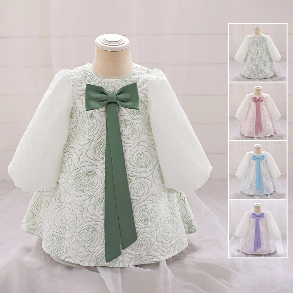 Long Sleeve Baby Girl Dresses Toddler Bow Wedding 1st Birthday Party Dress For Girls Baptism Baby Clothing Casual Princess Gown