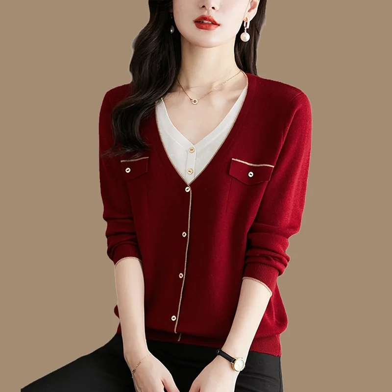 

Свободный длинный вязаный топ све, женский комплект из двух предметов, сладкий Sle V-Ne, обычный, тонкий, однотонный, удобный крой