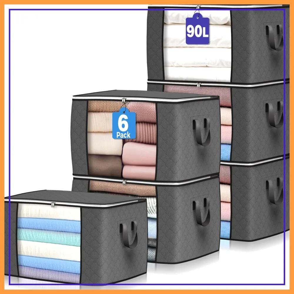 

90L Large Storage Bags, 6 Pack Clothes Storage Bins Foldable Closet Organizers with Reinforced Handle for Clothing, Blankets, Comforters, Bed Sheets, Pillows, Toys