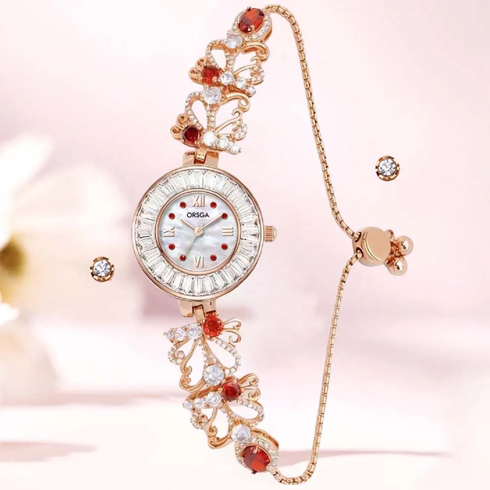 ORGSA Fashion Luxury Ladies Watch Diamond-Studded Mother-of-Pearl Dial Bracelet-Style Quartz Wristwatch for Women Gift reloj