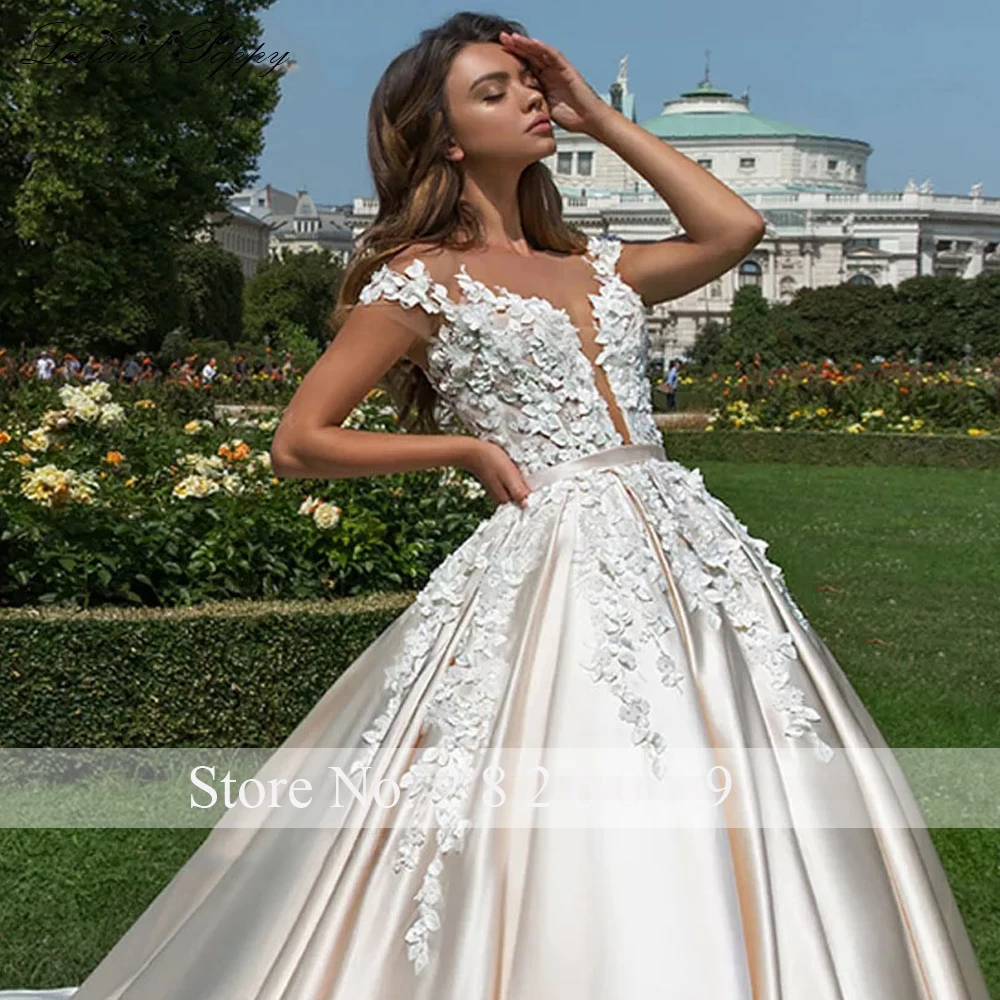 IJsland Poppy Aangepaste Ronde Hals A-lijn Satijnen Trouwjurken Vloerlengte Kapmouwtjes Bruidsjurken met Kathedraalsleep