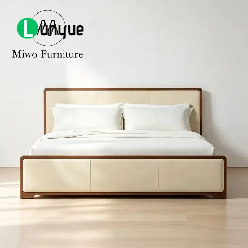 Mid Century Modern Solid Wood Upholstered Platform Bed with Headboard King Size Bedroom Furniture for Home Apartment Villa