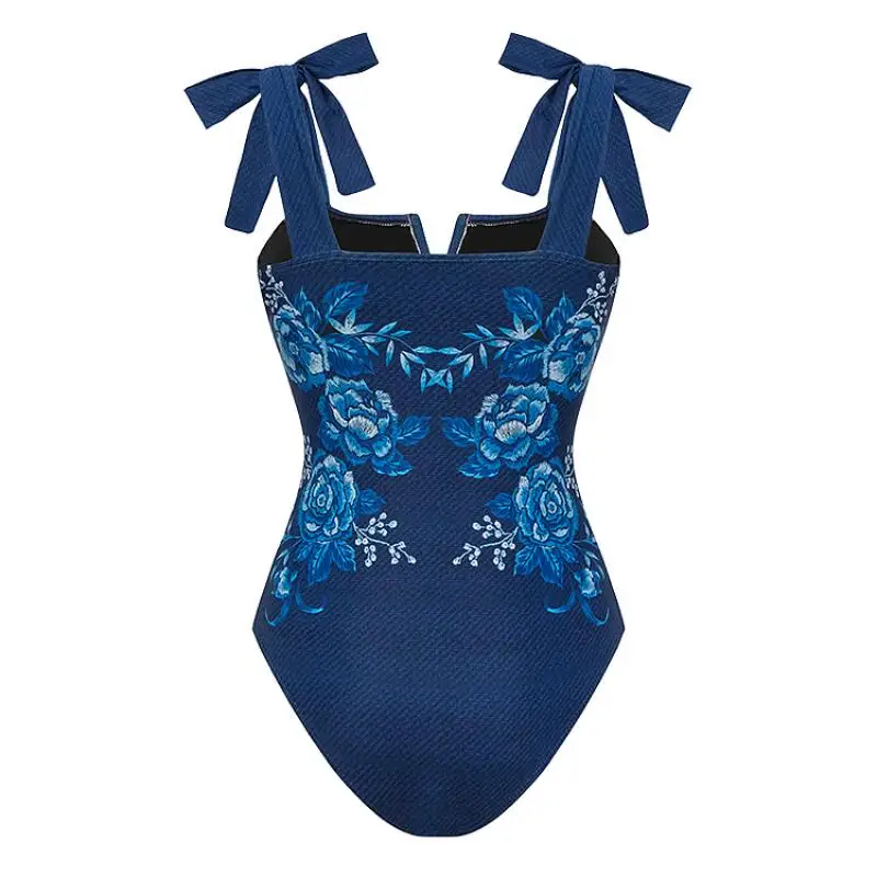 Flaxmaker 2025-Conjunto de traje de baño con hombros descubiertos y lazo estampado bordado para mujer, traje de baño de una pieza y falda, traje de baño estampado