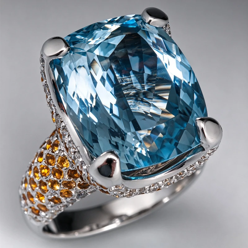 Women's Fashion Charm Glazed Blue Synthetic Zirconia Two Tone Promise Ring Luxury Temperament Banquet Festival Jewelry Accessory