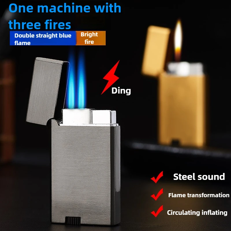 

New Metal Lighter with Three Fire Inflatable Double Straight Blue Flame, Outdoor Portable Cigar Cigarette Accessories 2026 new