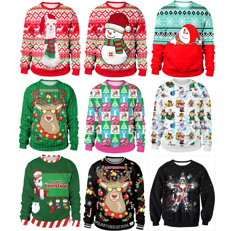 Suéter de Navidad con estampado 3D para hombre y mujer, jersey con estampado de elfo de Navidad, copo de nieve, Top pegajoso de Alpaca, sudadera para fiesta navideña