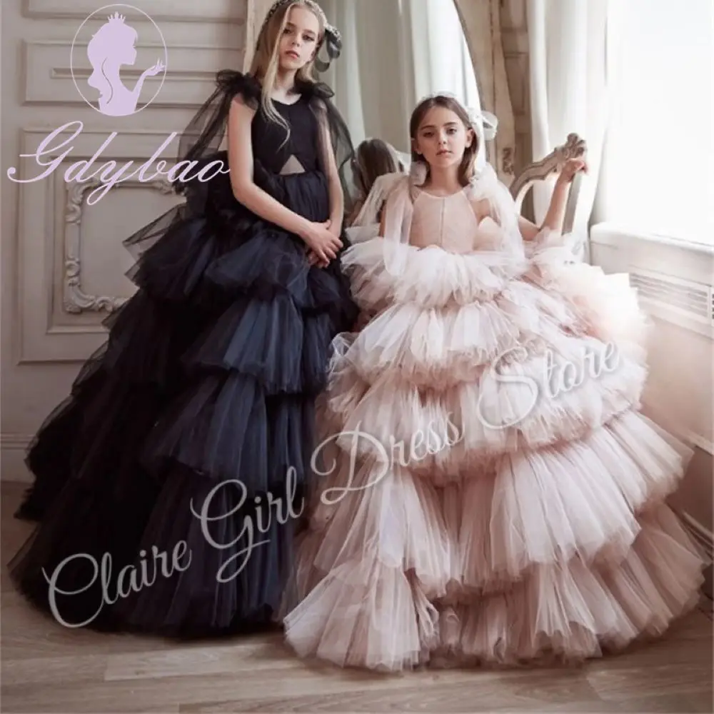 Customized Lace Tulle Flower Girl Dress For Wedding Floor Length Layered Elegant Princess Birthday Party First Communion Gown