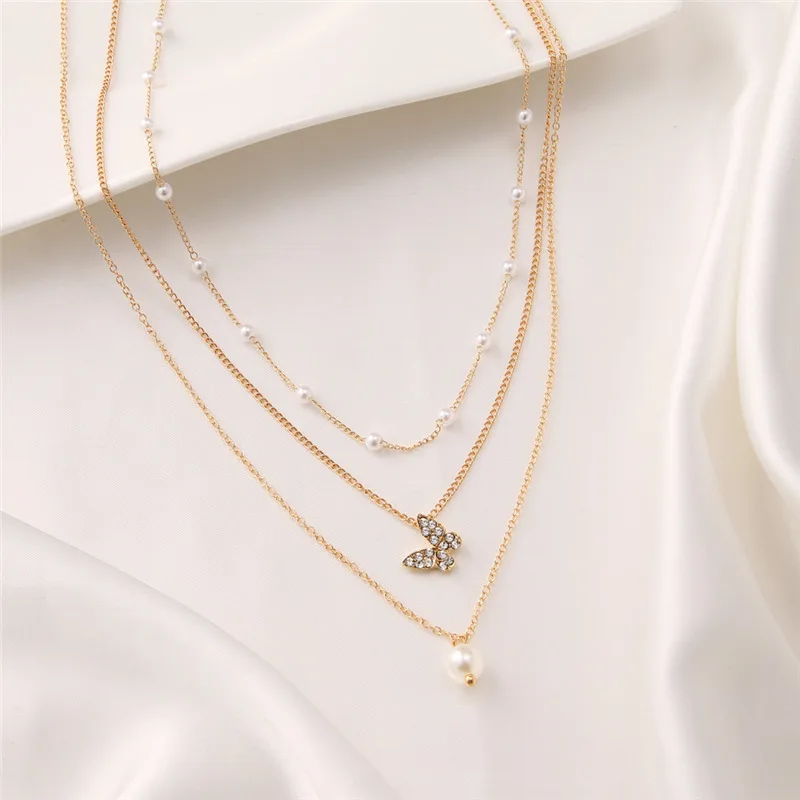 Kpop Trendy Cute Multi-layered Butterfly Pearl Pendant Necklace for Women Charm Gold Color Metal Choker Chain Jewelry Party Gift