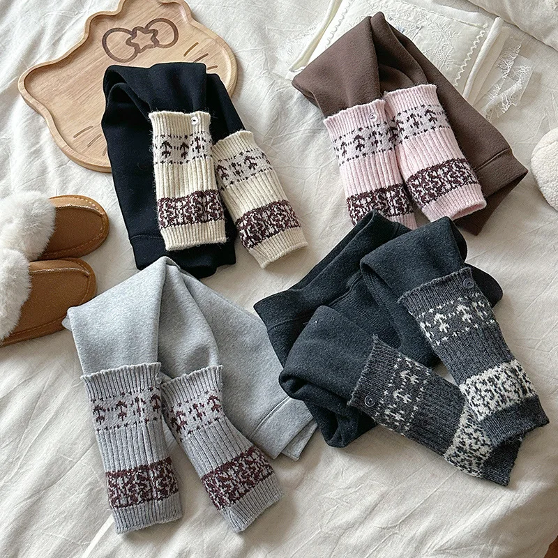 2025 Girls' Winter Hot Selling New Solid Color Cotton with Thick Velvet Splicing Jacquard Legs and Leggings