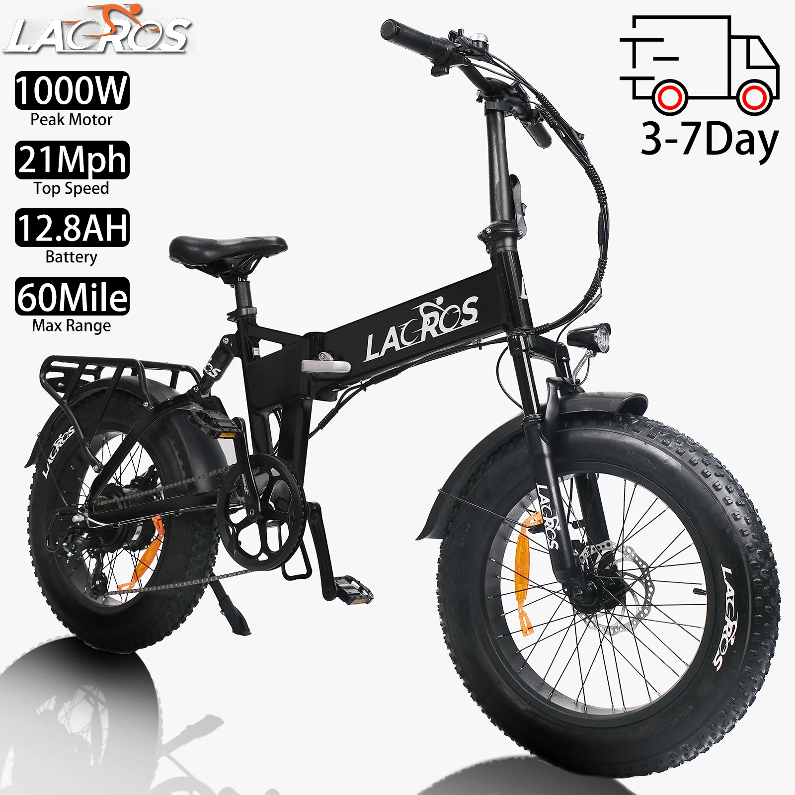

Складной электрический велосипед LACROS для взрослых, 20x4,0 дюйма, 1000 Вт, 21 миль/мин, 48 В, 12,8 Ач, 60 миль, 7-скоростной городской электрический велосипед