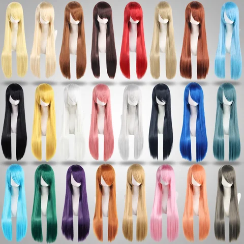 Wigs Cosplay 80cm Long Synthetic White Purple Cosplay Wigs Green Hair Straight Silver Wig Pink Hairpiece Lolita Wig with Bangs