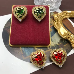 Heart Earring Stud Red Green Glass Rhinestone Jewelry For Women's Accessories